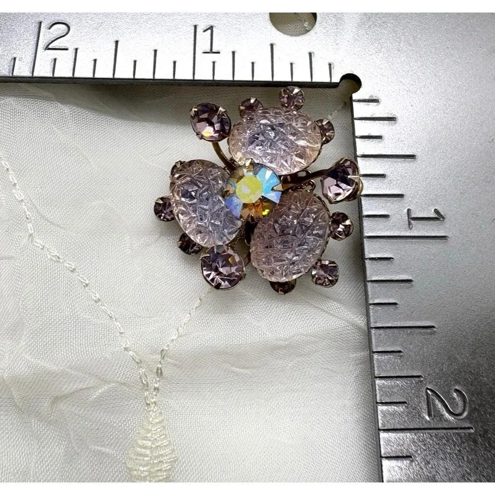 Vintage 1950s MCM Pink Lavender Rhinestone Brooch Clip On Earrings Matching‎ Set